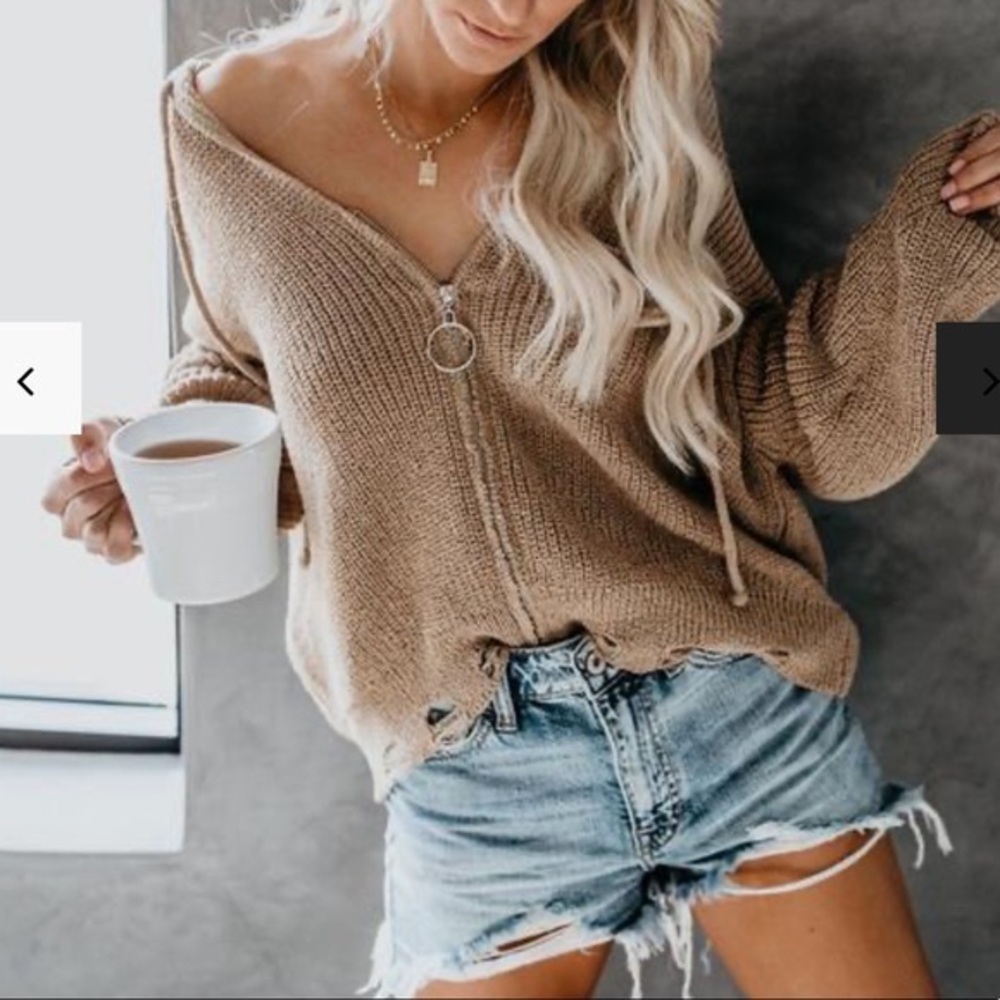 Zeda Distressed Knit Zip Hoodie